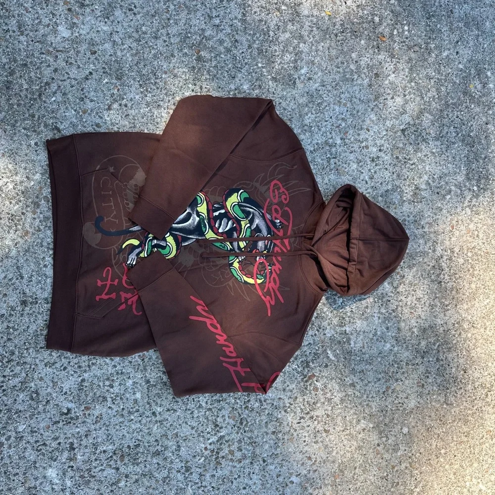 Ed Hardy Brown Hoodie with Red and Green Graphic